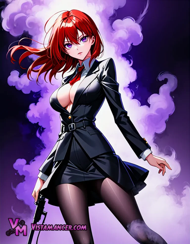 Violet Vision: The Redhead in the Shadow of Purple Smoke - Vistamancer AI Art