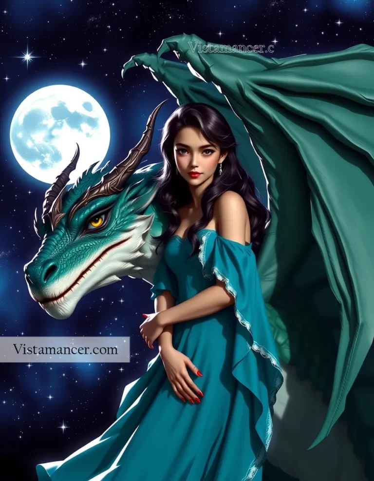 2504 (82) Bold and fierce, she stands with the strength of a dragon, her turquoise dress a symbol of elegance and power