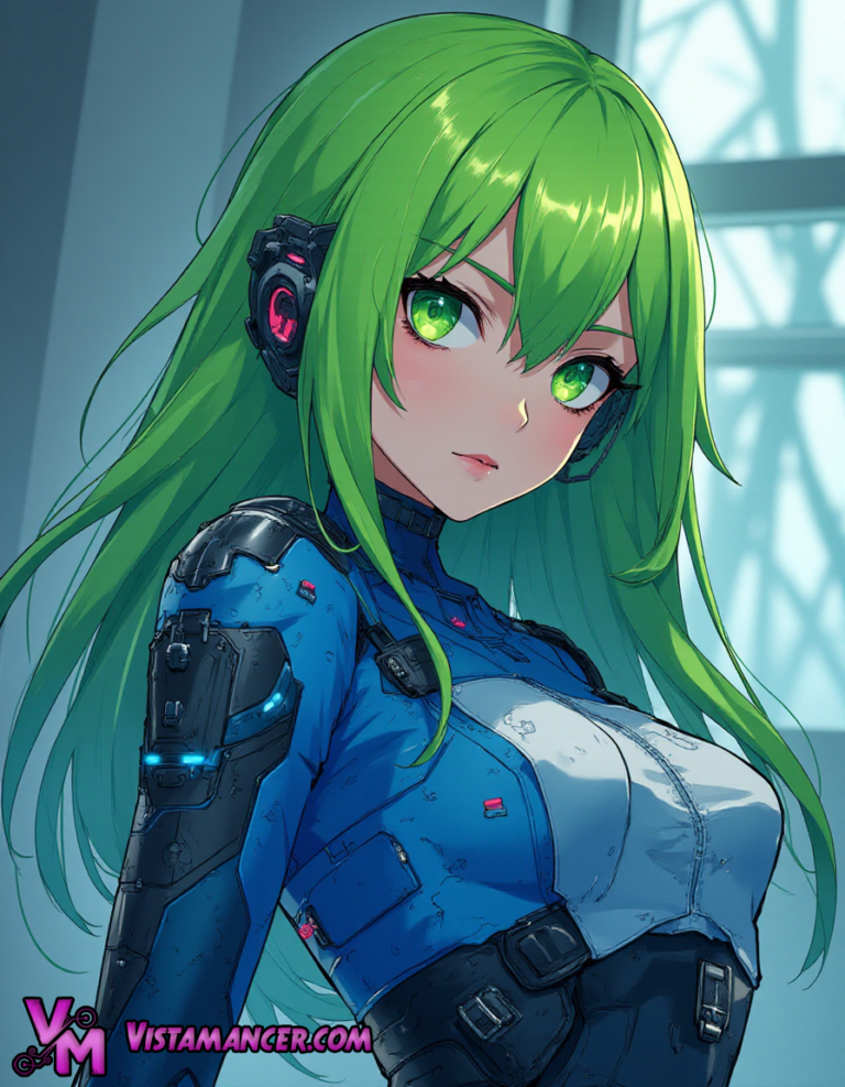 Azure Glow: The Green-Haired Enigma by the Window - Vistamancer AI Art