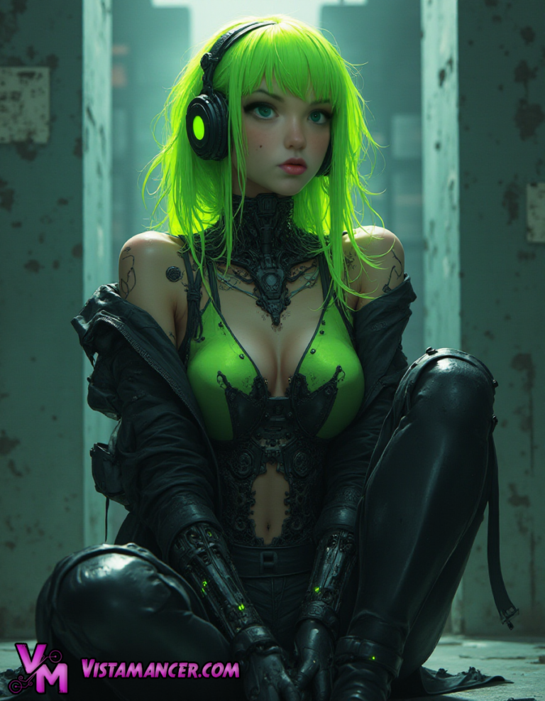 In Headphones and Shadows, She Waits - Vistamancer AI Art