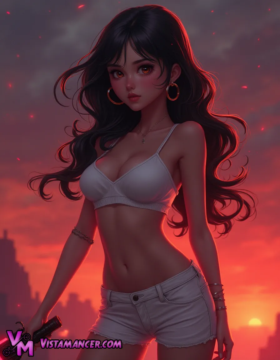 Embers in Her Wake: A Silent Flame Against the Sunset - Vistamancer AI Art