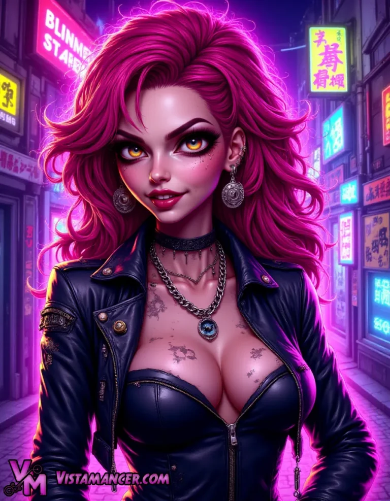 Pink Hair and Black Leather in the Neon Glow - Vistamancer AI Art