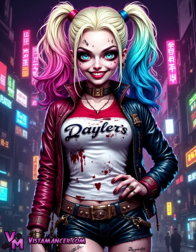 Harley Quinn Rising in the Neon Shadows - Vistamancer AI Art