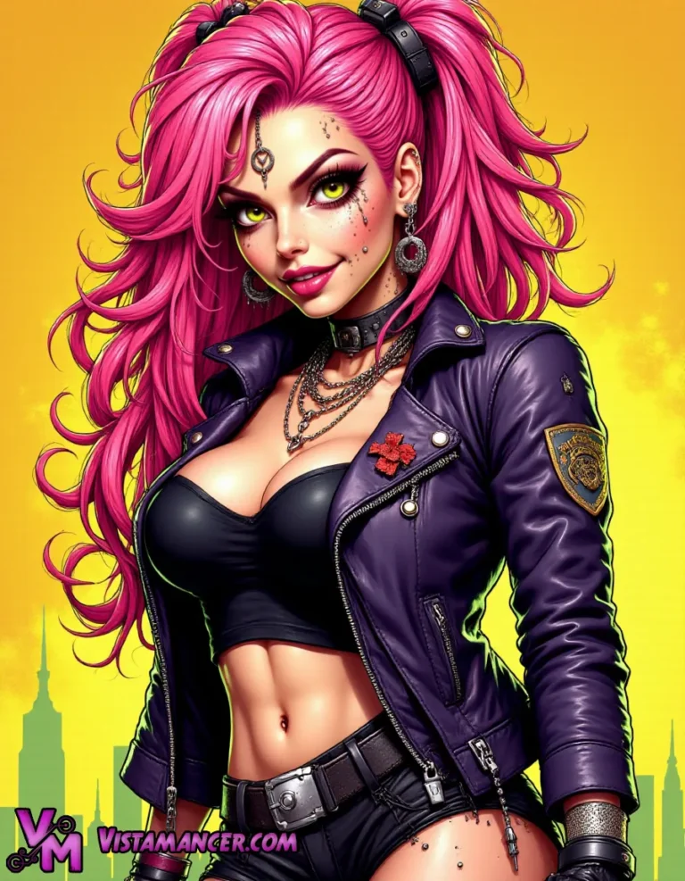 Her Pink Hair Blazes Beneath a Sunset Veil - Vistamancer AI Art