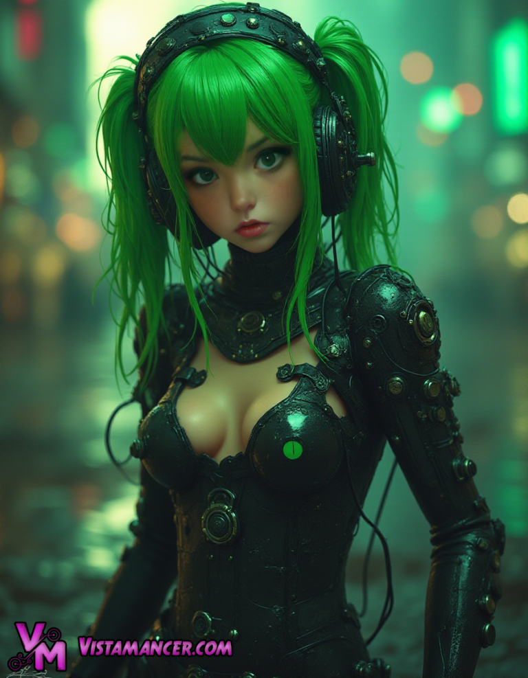 Neon Veins: The Green-Haired Ghost of CyberCity - Vistamancer AI Art