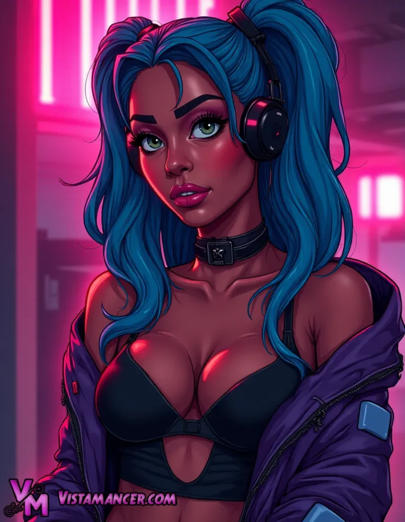 Blue Haired Rebel in the Neon City - Vistamancer AI Art