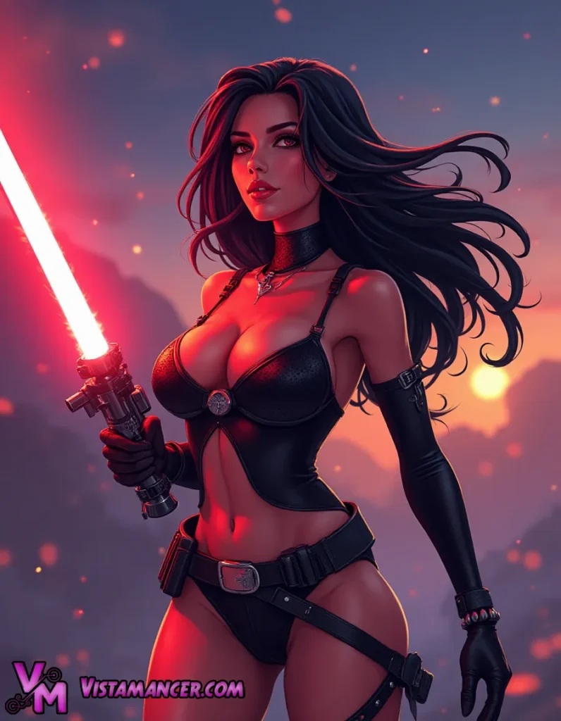 Woman in Black Wields a Red Lightsaber Beneath a Fire Amber Sky - Vistamancer AI Art