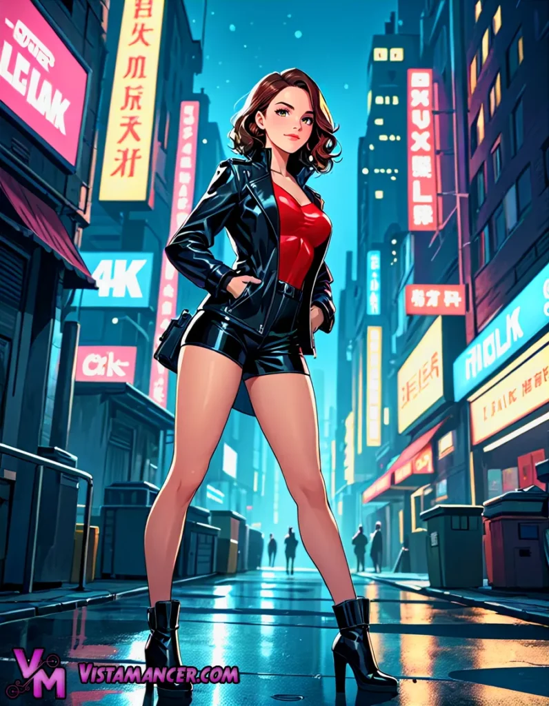 Brunette in Red and Black Walking Through a Blue-Hued City - Vistamancer AI Art