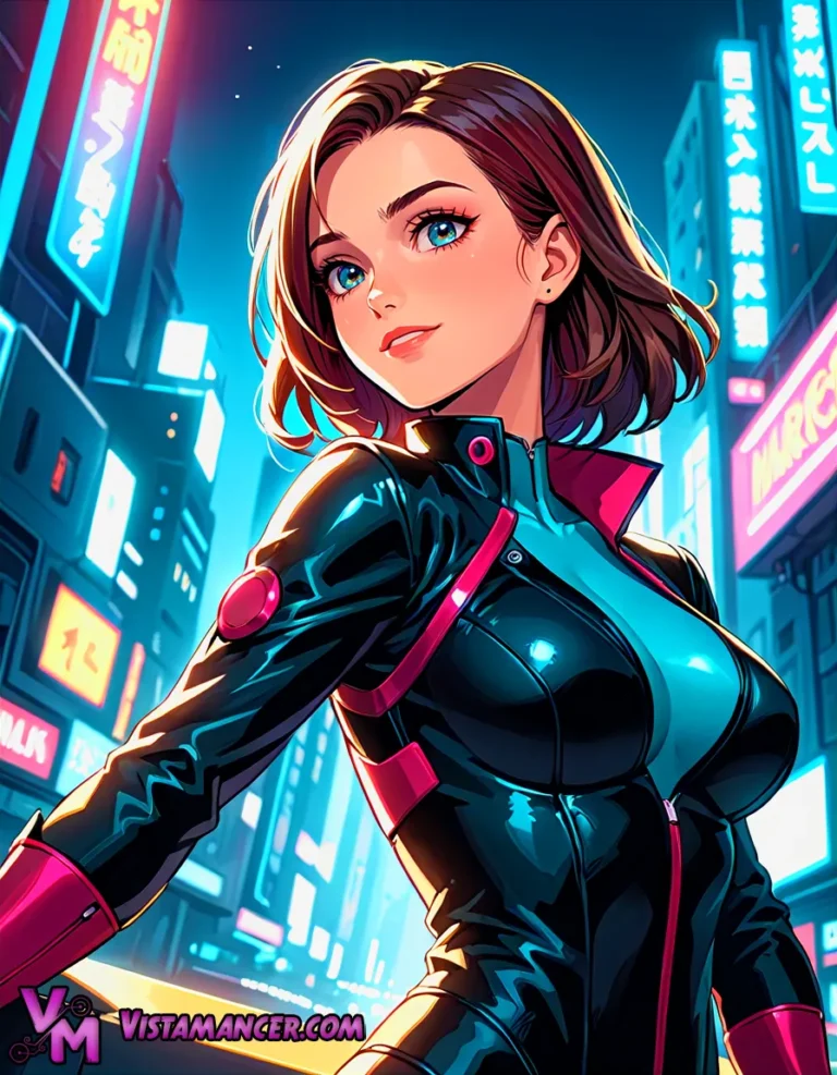 Brunette in Black and Blue Amidst the Cyberpunk Chaos - Vistamancer AI Art