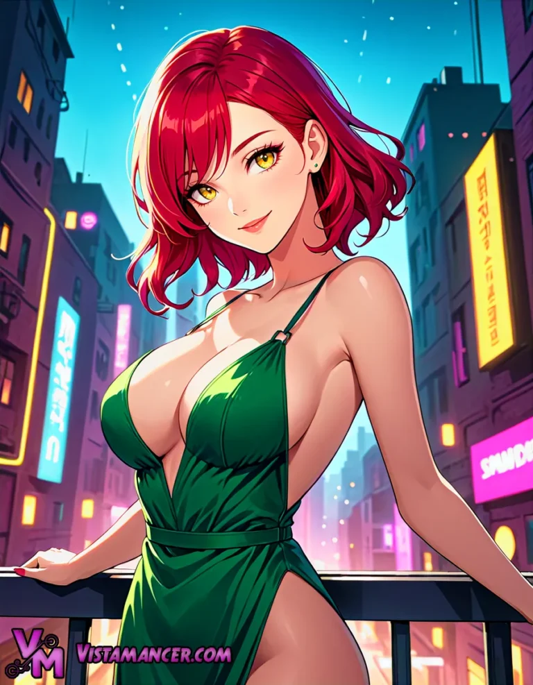 Redhead in Green Bikini Glowing in the City Lights - Vistamancer AI Art