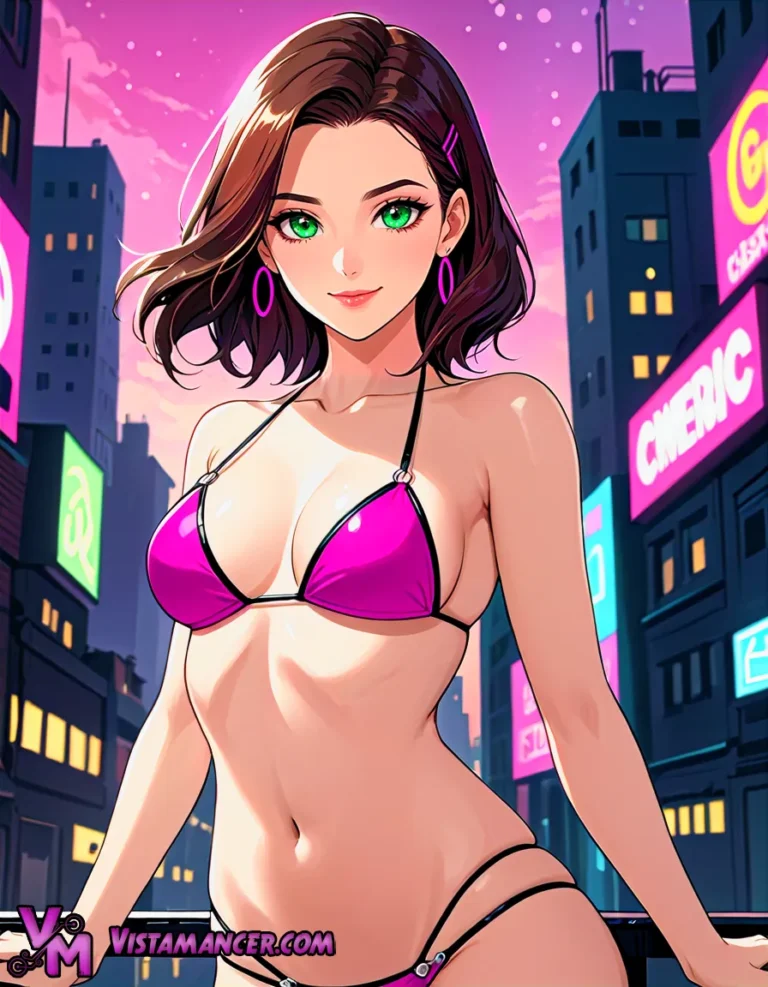 Brunette in Pink Beneath the City Lights - Vistamancer AI Art