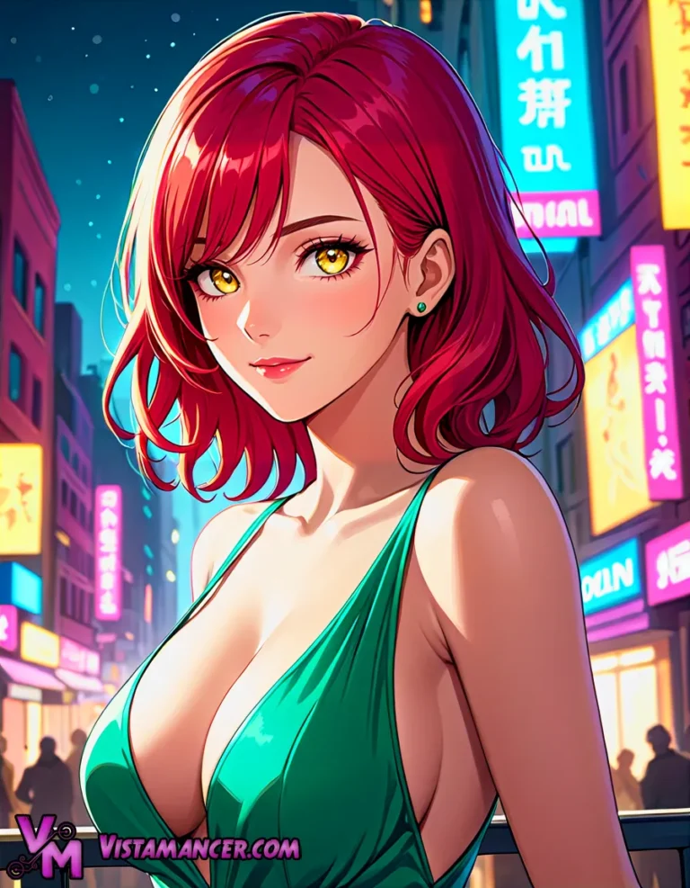 Green Bikini and Red Hair in the Neon City - Vistamancer AI Art