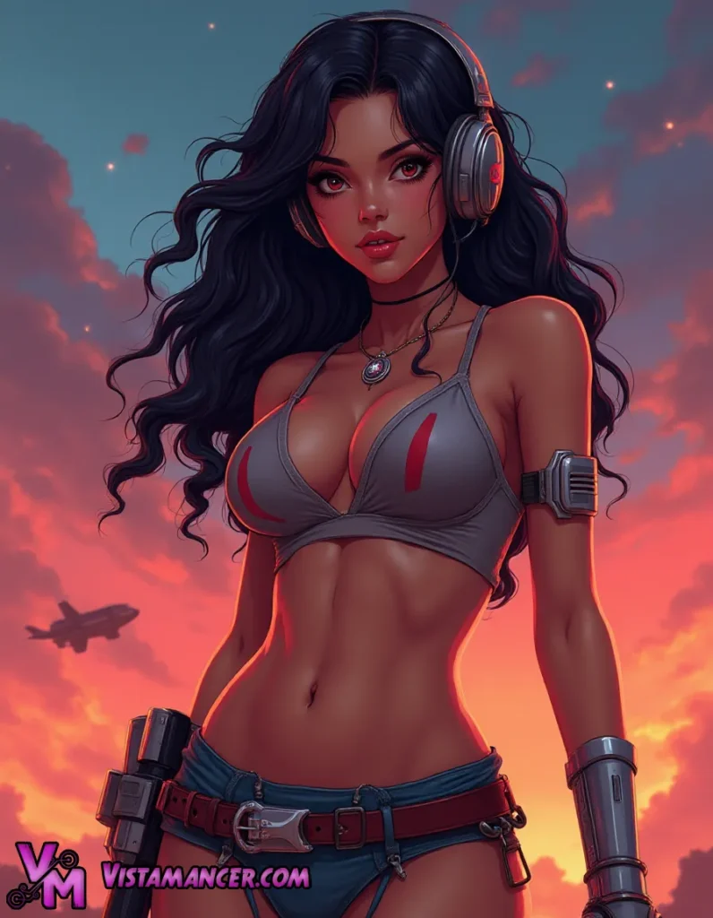 A Woman in Headphones Beneath an Orange Sky with a Passing Plane - Vistamancer AI Art