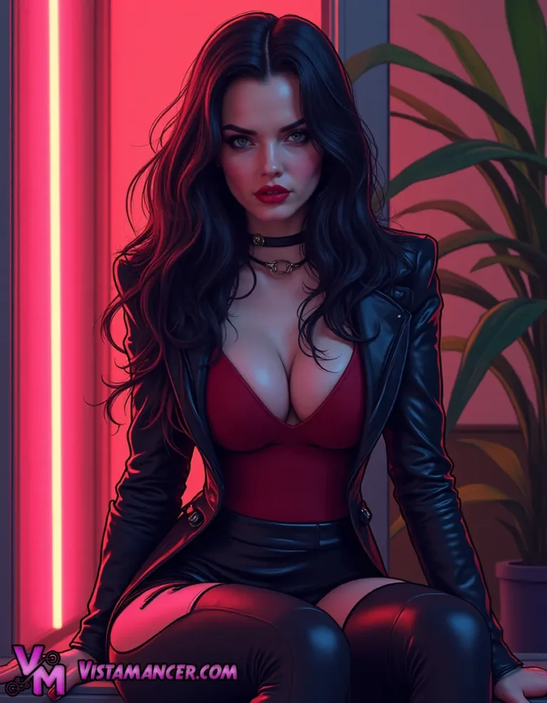 Wrapped in red and leather, she sits amidst the glow, where nature meets neon - Vistamancer AI Art