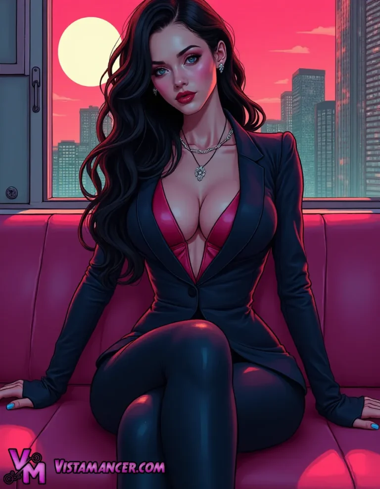 As the city awakens, she sits poised in her suit, the rising sun casting a soft glow over the pink velvet couch - Vistamancer AI Art