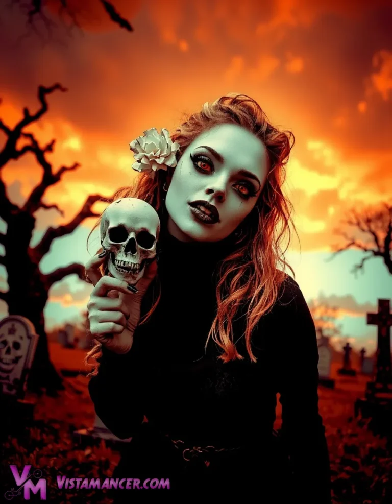 Gothic Woman Holding a Skull Beneath Orange Clouds - Vistamancer AI Art