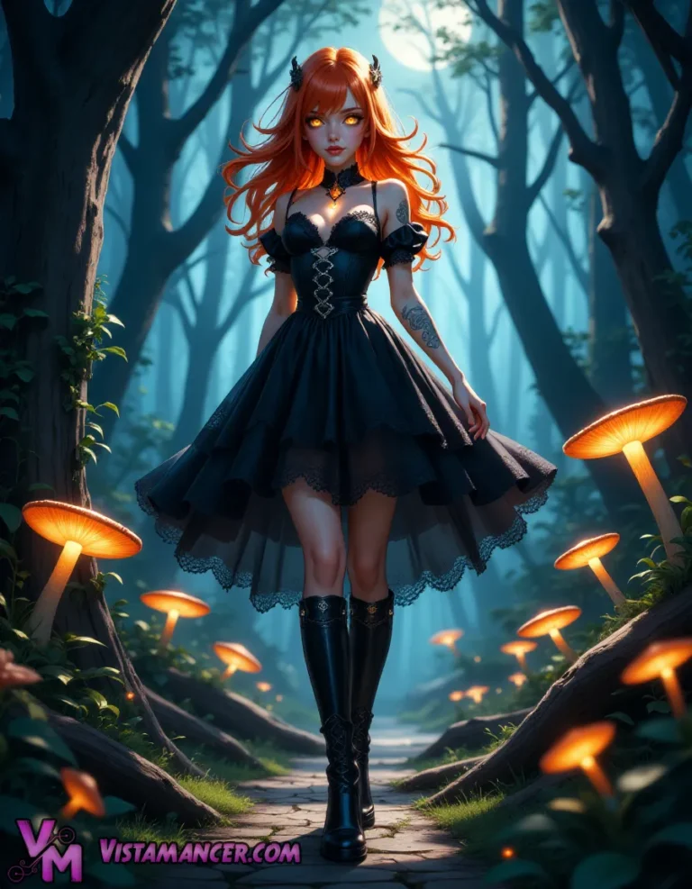 Woman in a Forest of Glowing Mushrooms - Vistamancer AI Art