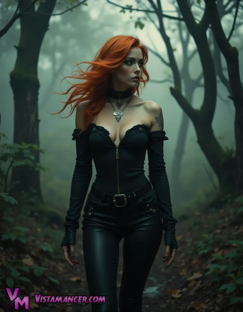 Mystery of the Red Haired Sorceress in the Enchanted Forest - Vistamancer AI Art