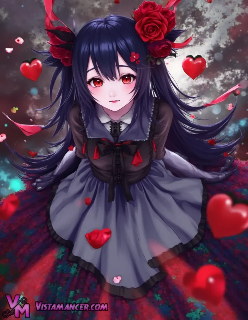 Crimson Petals and Midnight Eyes - Vistamancer AI Art