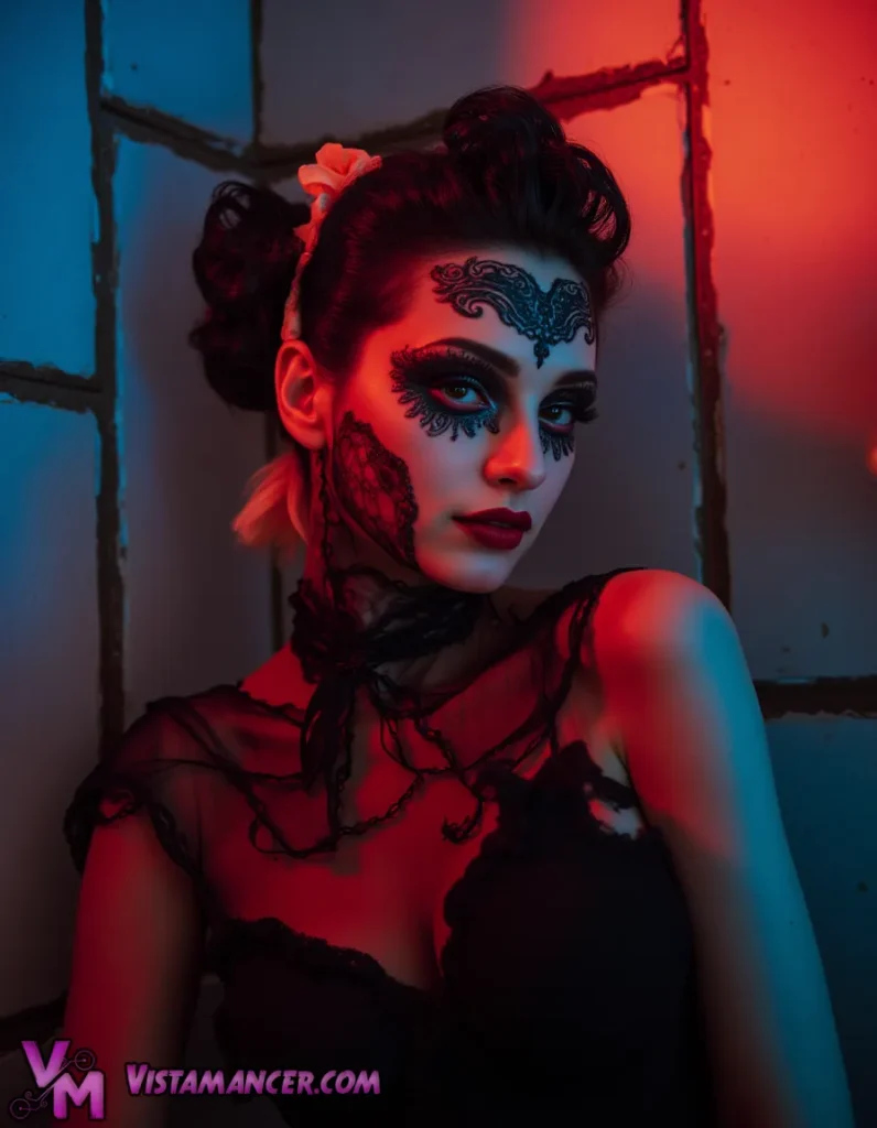 Shadow Lace in Crimson Light - Vistamancer AI Art