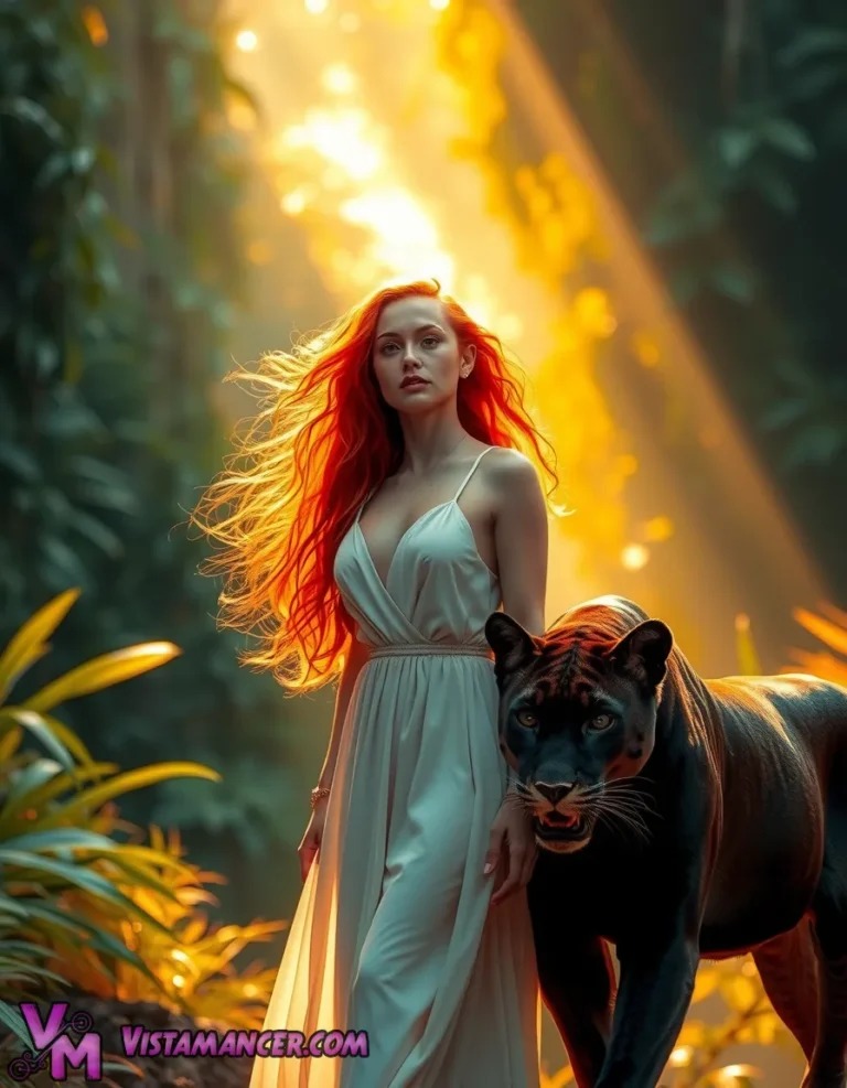 Wild Muse Walking Beside Her Panther - Vistamancer AI Art