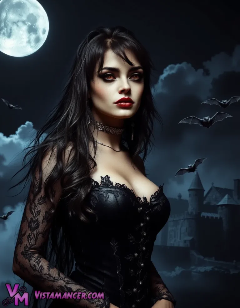Midnight Enchantress in the Castle Shadows - Vistamancer AI Art
