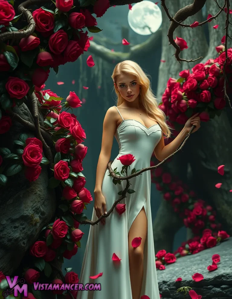 Enchanted Beauty Beneath the Moonlit Roses - Vistamancer AI Art