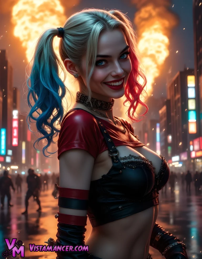 Harley Quinn Ignites the Nighttime Chaos - Vistamancer AI Art