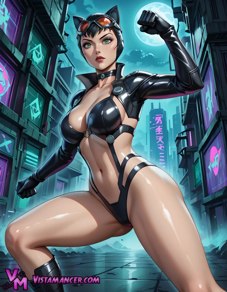Catwoman Rules the Neon Cityscape - Vistamancer AI Art