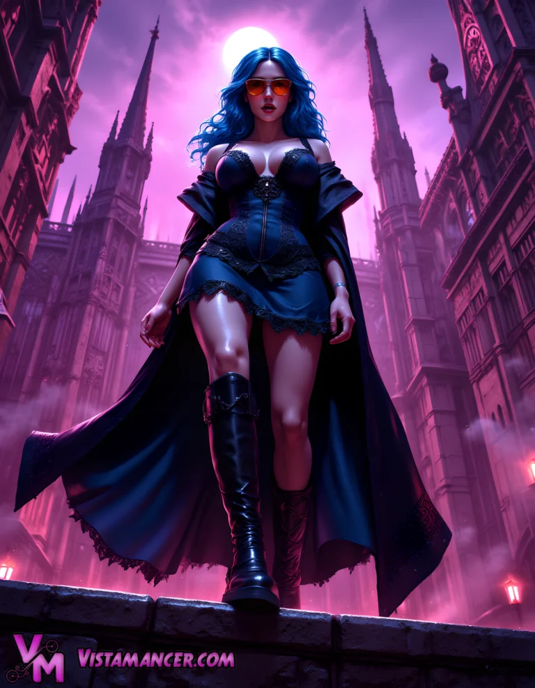 Midnight Sorceress Commands the Gothic City - Vistamancer AI Art