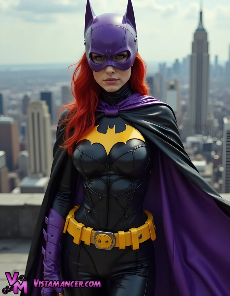 Batgirl’s Vigilant Leap into the Night - Vistamancer AI Art