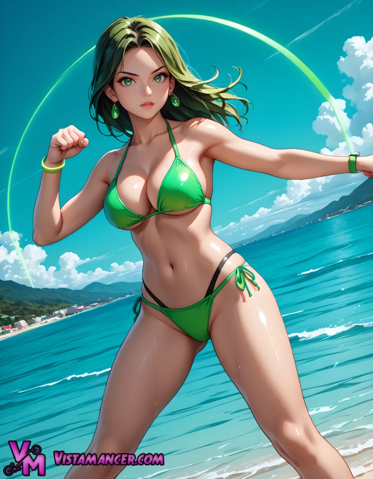 Emerald Warrior at Ocean's Edge - Vistamancer AI Art