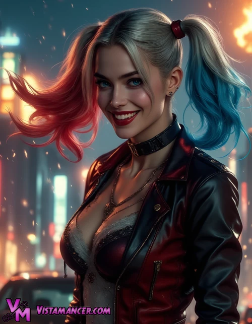 Harley Quinn Strikes in Explosive Gotham Mayhem - Vistamancer AI Art