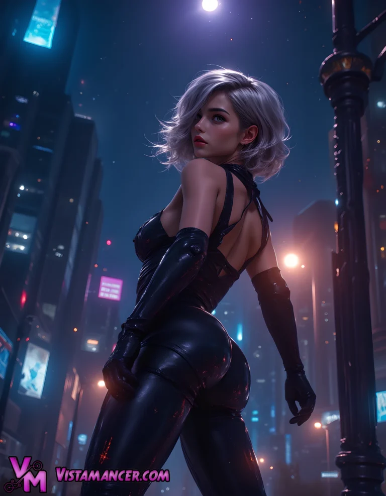 Midnight Enigma Unveiled in Neon Glow - Vistamancer AI Art