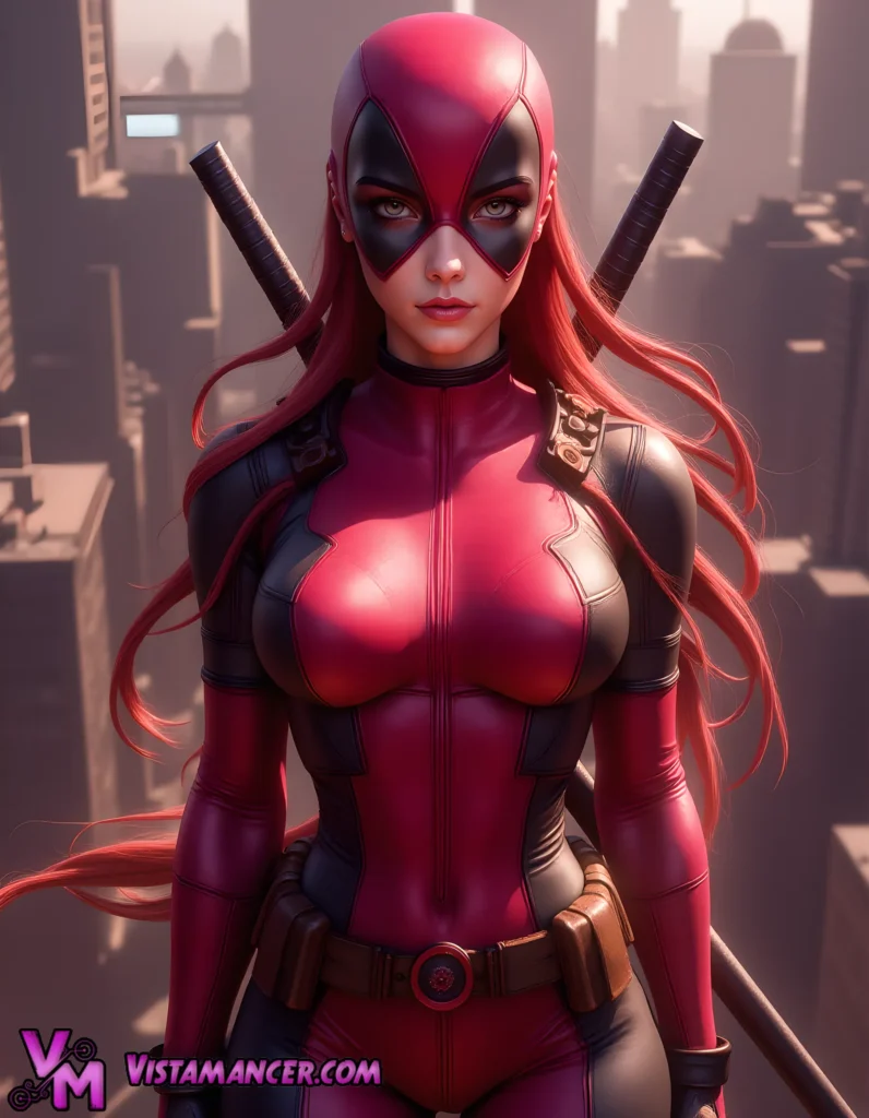 Lady Deadpool's Crimson Eclipse Over the Metropolis - Vistamancer AI Art