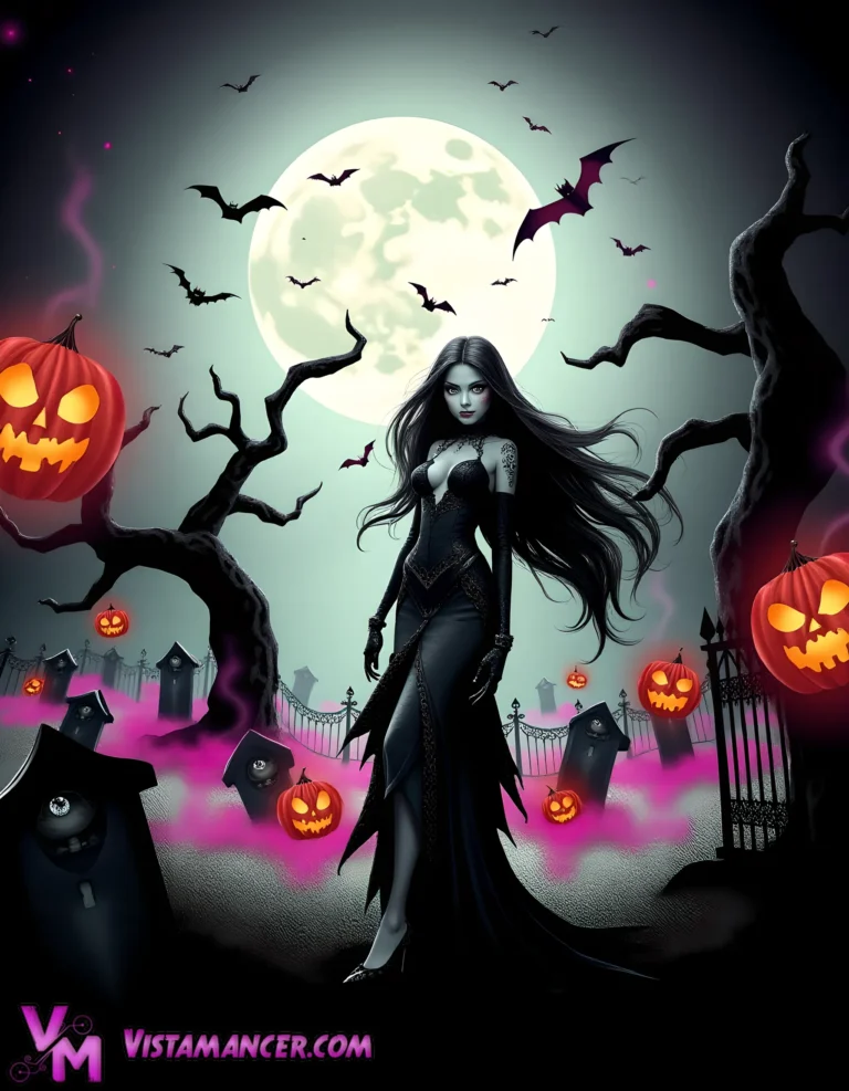 Sinister Sorceress Rules the Haunted Graveyard - Vistamancer AI Art