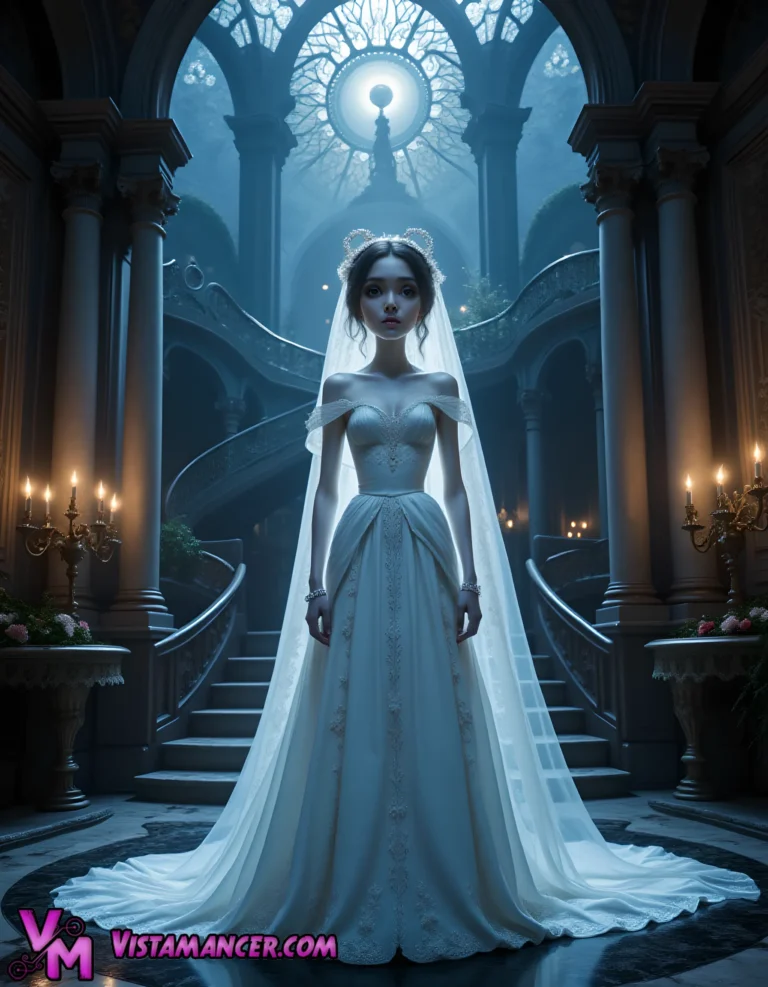 Ethereal Bride of the Shadowed Hall - Vistamancer AI Art