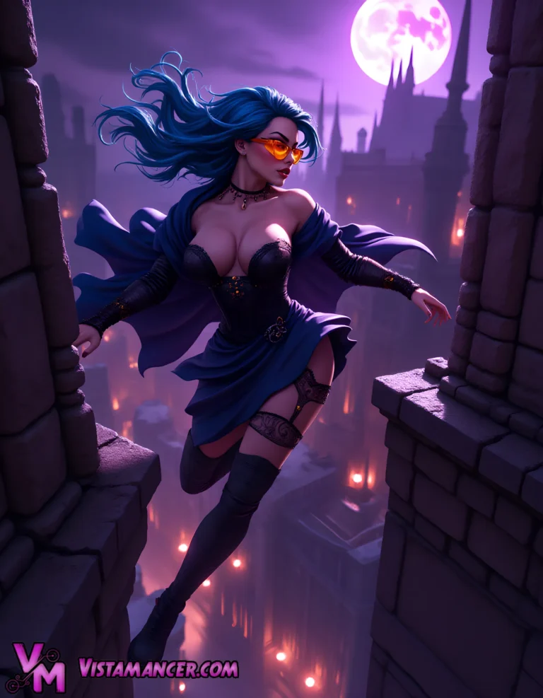 Midnight Sorceress Leaps into Mystery - Vistamancer AI Art