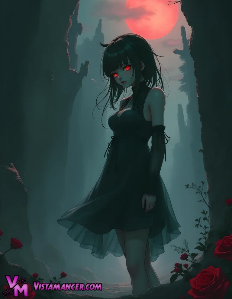 Crimson Moon's Enigmatic Guardian - Vistamancer AI Art