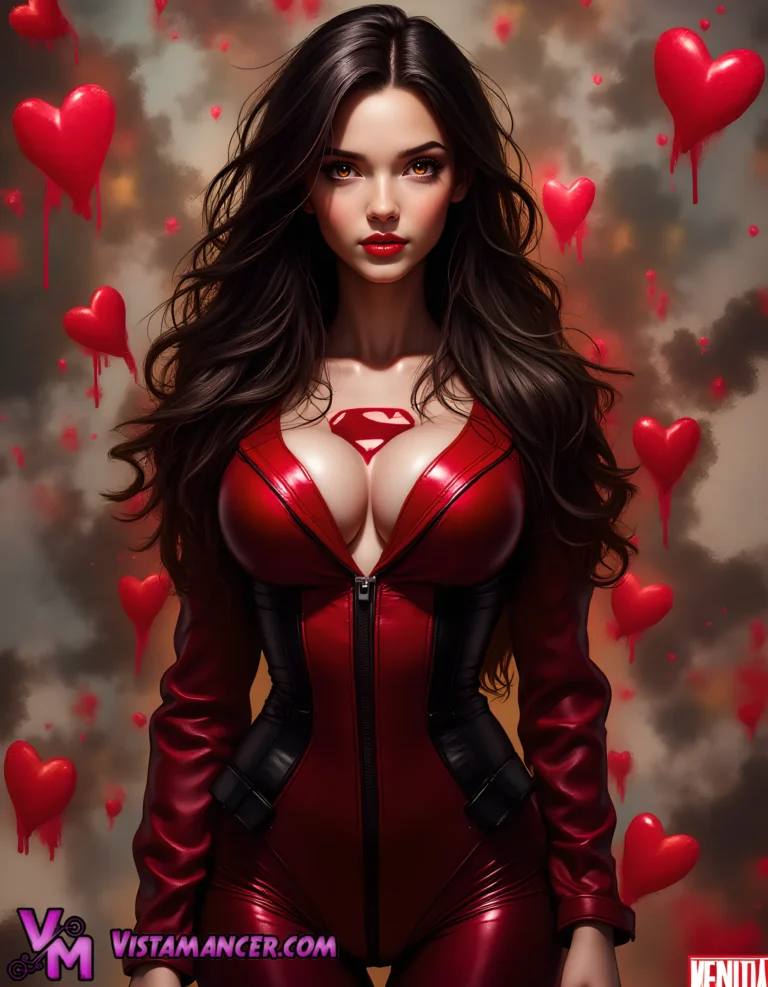 Seductive Superheroine in a Heart-Strewn Realm - Vistamancer AI Art