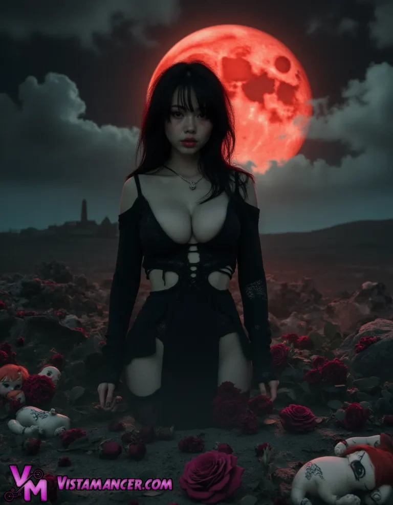 Kneeling amidst crimson roses in a desolate landscape - Vistamancer AI Art