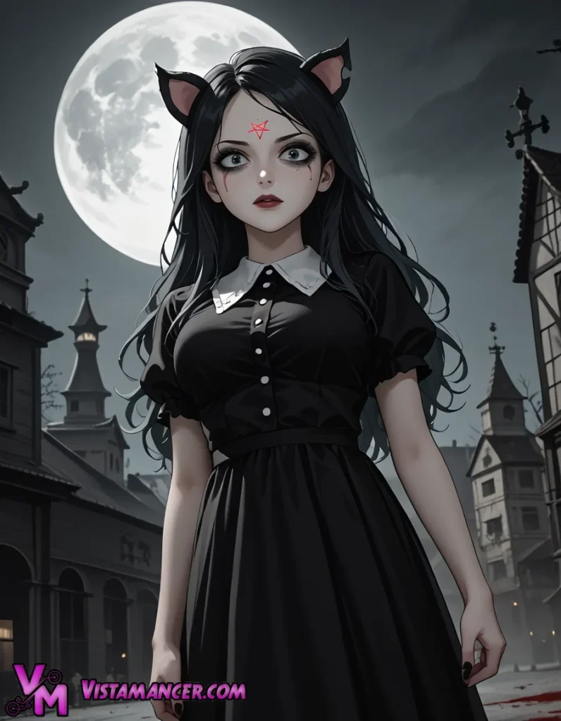 Claire emerges, her silhouette a haunting melody against the twilight sky - Vistamancer AI Art