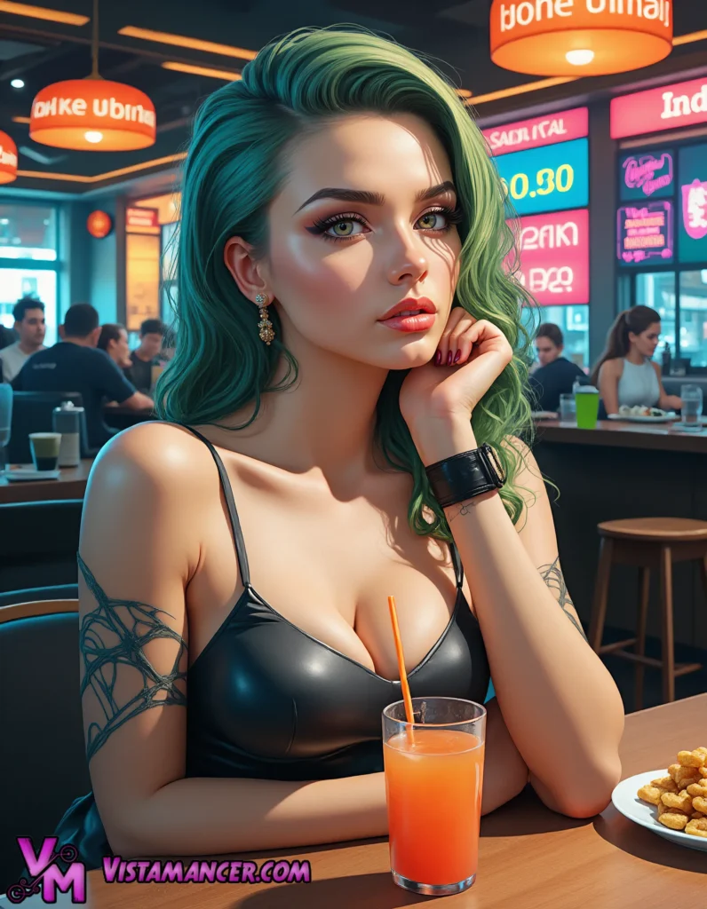 Neon Diner Muse with Electric Green Hair - Vistamancer AI Art