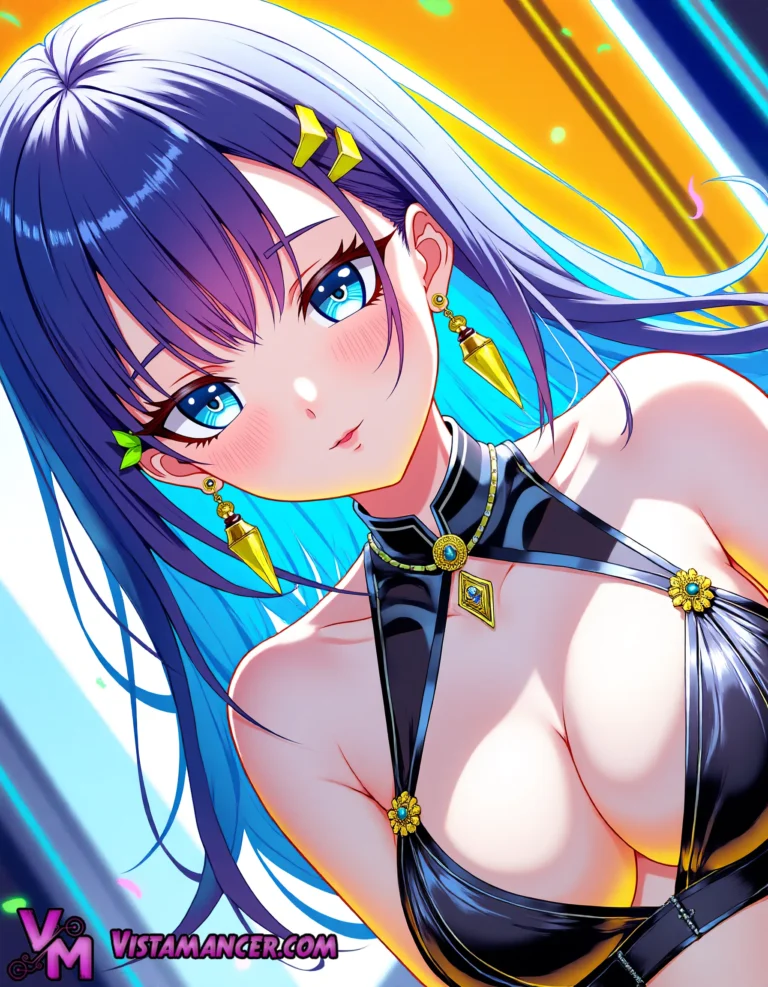Neon Sapphire Idol in a Midnight Dress - Vistamancer AI Art