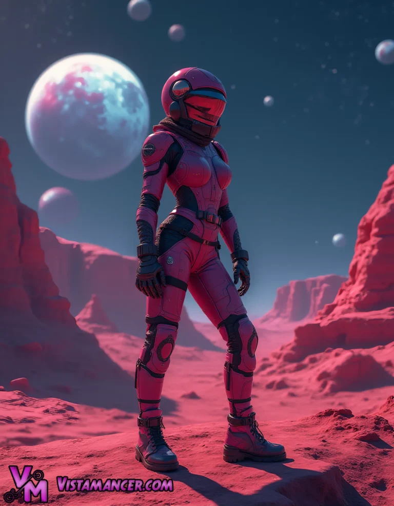 Crimson Voyager on the Edge of an Alien Moonrise - Vistamancer AI Art