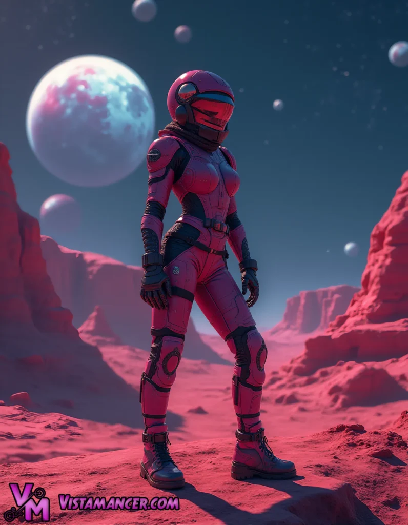 Crimson Voyager on the Edge of an Alien Moonrise - Vistamancer AI Art