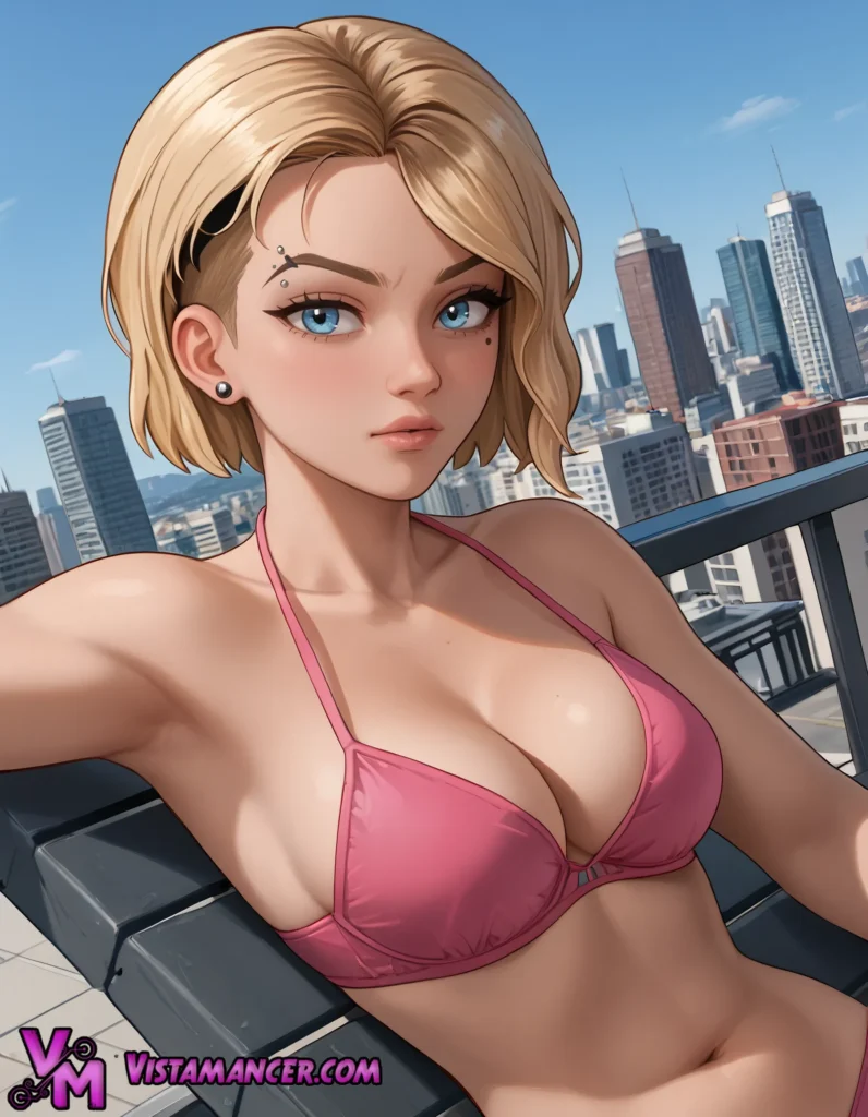 Gwen Stacy Soaks Up the Sun High Above the Skyline - Vistamancer AI Art