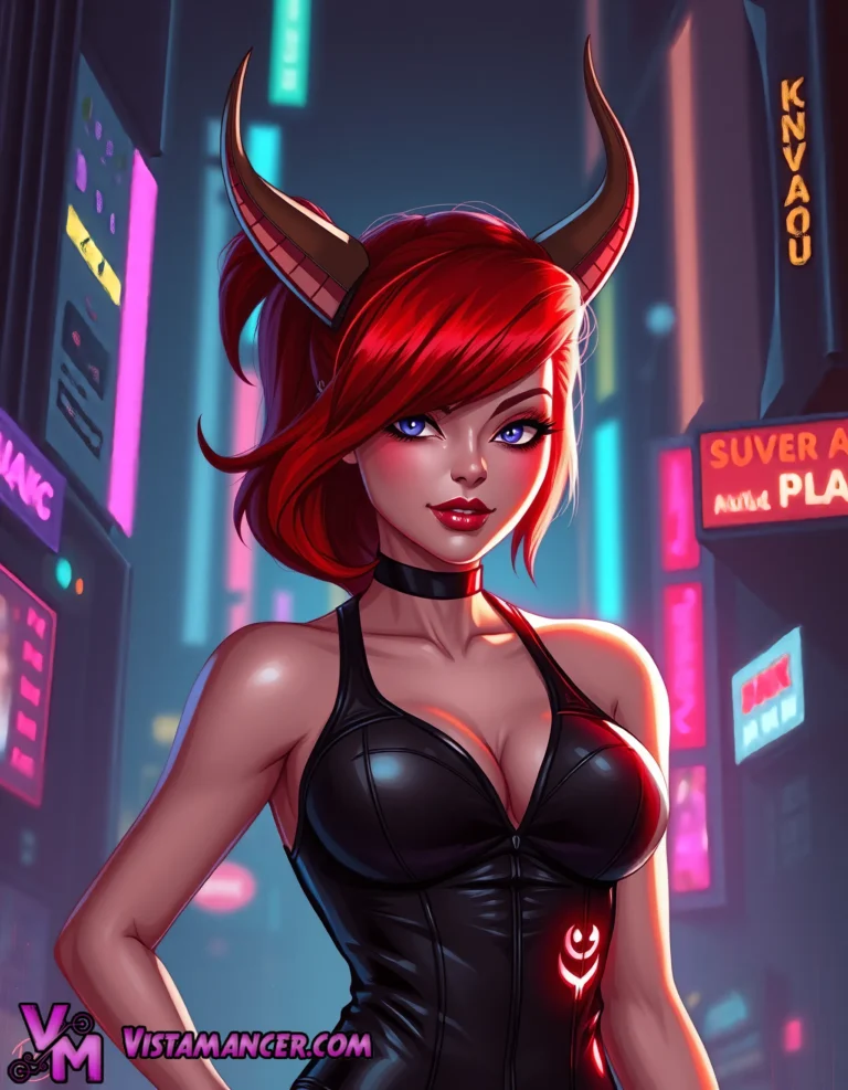 The Crimson Huntress Stalks the Neon Metropolis - Vistamancer AI Art