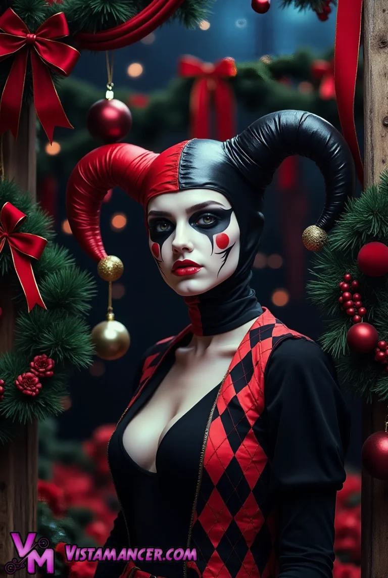 Harley Quinn's Festive Frenzy Under Twinkling Lights - Vistamancer AI Art