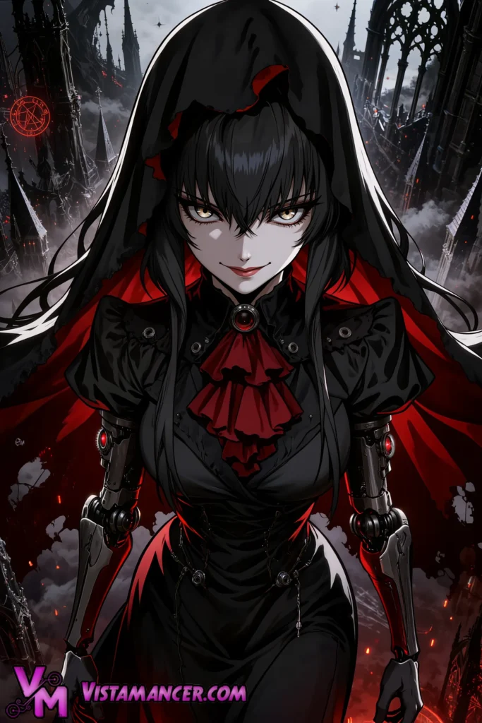 Cyborg Vampire Countess Awakens in Infernal Citadel - Vistamancer AI Art